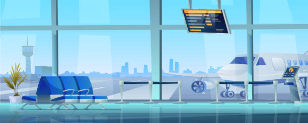 ilustrações de stock, clip art, desenhos animados e ícones de interior of airport terminal waiting room, empty rows of seats, airplane and control tower outside window. vector lounge zone, monitors information about flights, plants and tickets checking kiosk - airport lounge business