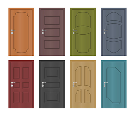 Interior of colored entrance doors, vector set