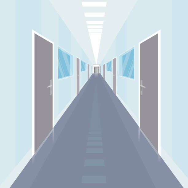 illustrazioni stock, clip art, cartoni animati e icone di tendenza di interno di un corridoio lungo e stretto in ufficio - corridoio ufficio