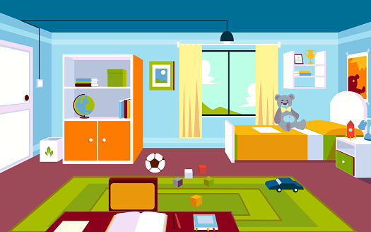 Interior of the kids room in the home in a cartoon style.