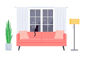 istock Interior of the living room in the house. Sofa, plant, window, floor lamp and cat. 1205259736