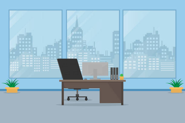 interior office room design with computer and accessory design.vector and illustration interior office room design with computer and accessory design. office backgrounds stock illustrations