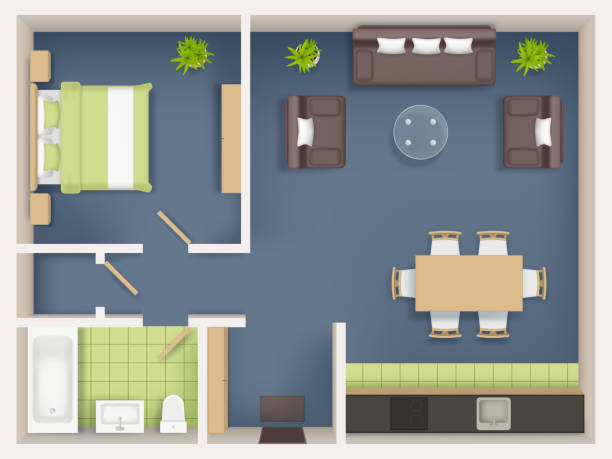 Interior plan top view. Realistic appartment livingroom bathroom badroom furniture table wardrobe sofa chairs tables vector realistic Interior plan top view. Realistic appartment livingroom bathroom badroom furniture table wardrobe sofa chairs tables vector realistic. Illustration interior top view, furniture plan living room bed furniture patterns stock illustrations