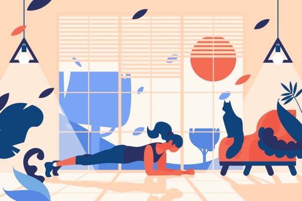 Interior scene with woman doing plank position. Home gym in front of window, with stylish chair and sitting cat. Flat indoors illustration for sport healthy lifestyle. Interior scene with woman doing plank position. Home gym in front of window, with stylish chair and sitting cat. Flat indoors illustration for sport healthy lifestyle. window illustrations stock illustrations