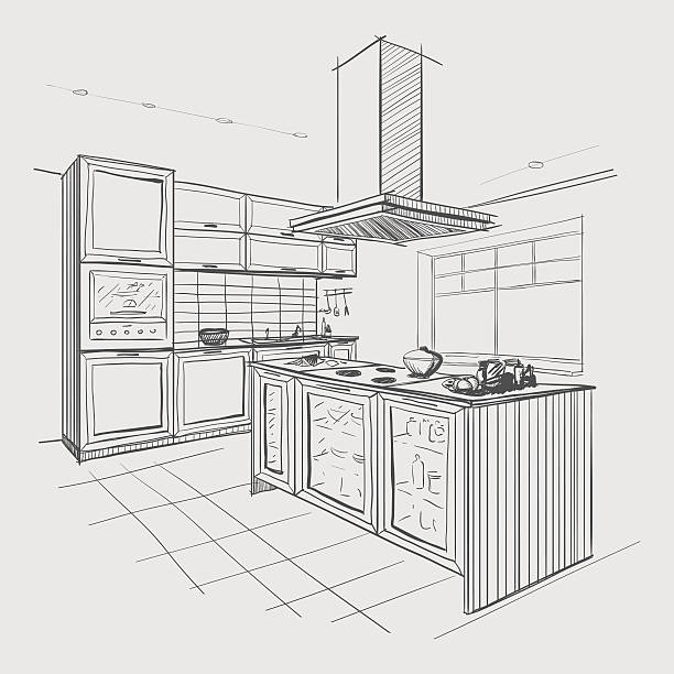 Interior sketch of modern kitchen with island. Interior sketch of modern kitchen with island. kitchen designs stock illustrations