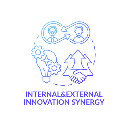 Internal and external innovation synergy concept icon. Open innovation benefits idea thin line illustration. Contributing solutions to invention process. Vector isolated outline RGB color drawing