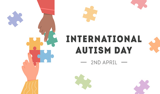 International Autism Awareness Day Card. Caucasian and african hand holding colourful puzzle pieces. Psychological concept of Autistic children. Social Difficulty. Mental disability disorder. Vector.