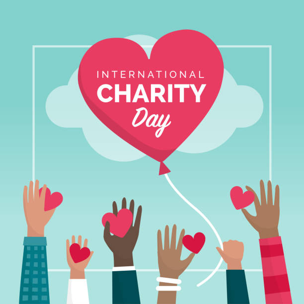 International charity day holiday International charity day holiday social media post with people giving hearts and donations, support and funding concept charity and relief work stock illustrations