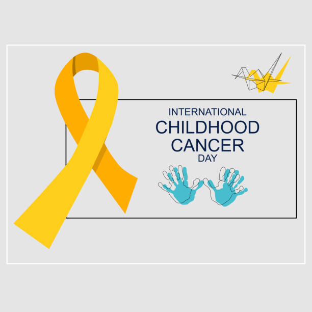 International Childhood cancer day. Origami crane bird and kids handprints are hope symbols. Help and support concept. Oncology disease and treatment. Yellow awareness ribbon. Vector medical poster childhood stock illustrations