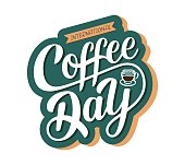 International Coffee Day sign. Hand drawn vector logotype with lettering typography and cup of cappuccino on white background. Illustration with celebration quote for flyer, print, banner, badge, poster, sticker