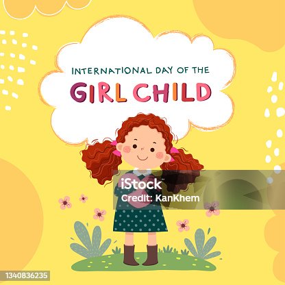 istock International Day of the girl child background with curly red hair little girl hugging heart. 1340836235