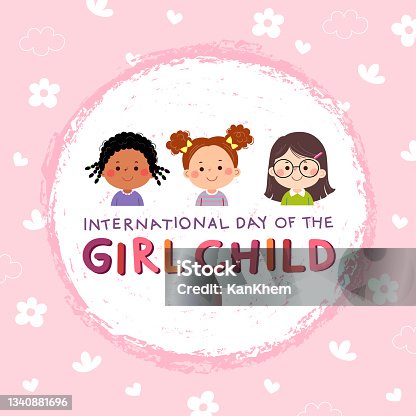 istock International Day of the girl child background with three little girls on pink background. 1340881696