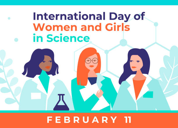 國際婦女與女童科學日2月11日向量圖。三個美麗的女科學家抽象分子背景。面向社交媒體、海報、橫幅的時尚平面設計 - science 幅插畫檔、美工圖案、卡通及圖標