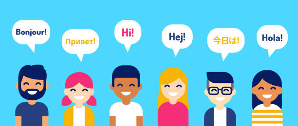 International group of people International group of people saying Hi in different languages. Diverse cartoon characters, modern flat vector style illustration. Learning, education and communication design element. hello in different languages stock illustrations