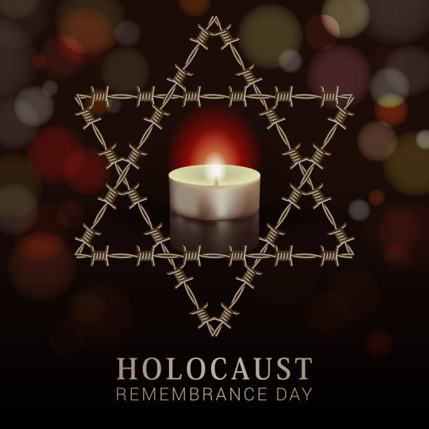 International Holocaust Remembrance Day. 27 January. International Holocaust Remembrance Day. 27 January. Vector banner design template with realistic star of David symbol made from barbed wire, candle, and text on dark background. holocaust remembrance day stock illustrations