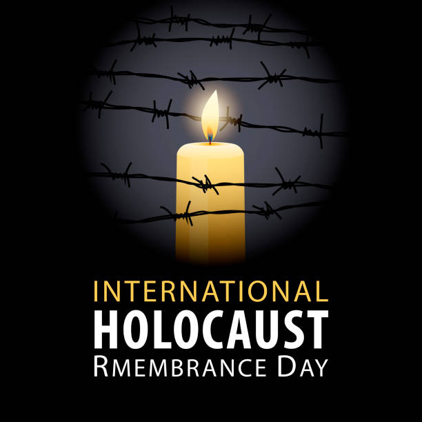 International Holocaust Remembrance Day Remembering the holocaust tragedy of Jews for the International Holocaust Remembrance Day that occurred during the Second World War with barbed wire and candle igniting the black background holocaust remembrance day stock illustrations