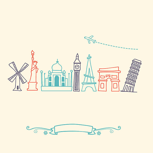 international landmarks and travel destinations cityscape set - 名勝古蹟 插圖 幅插畫檔、美工圖案、卡通及圖標