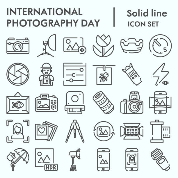 International photography day line icon set, photography set symbols collection, vector sketches, logo illustrations, computer web signs linear pictograms package isolated on white background, eps 10. International photography day line icon set, photography set symbols collection, vector sketches, logo illustrations, computer web signs linear pictograms package isolated on white background, eps 10 group of objects photos stock illustrations