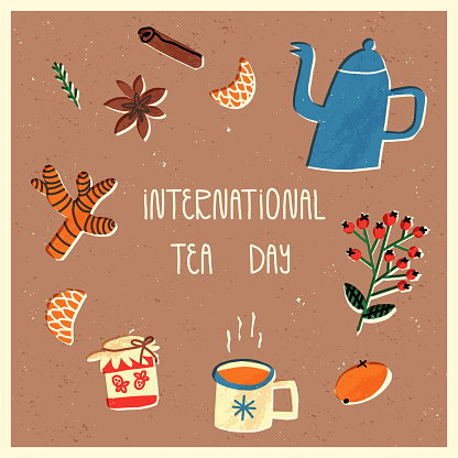 International tea day card, banner design. Boiling teapot or kettle, mug with hot herbal tea, warming spices ingredients like ginger, cinnamon, star anise, jam, citrus, berries. Fall, autumn postcard.