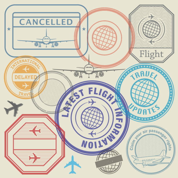 International travel visa marking, business travel and immigration vintage labels, travel stamps set Travel vacations cancelled because of pandemic of coronavirus, travel stamps set, vector illustration airplane borders stock illustrations