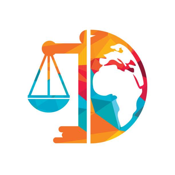 international tribunal and supreme court logo concept. scales on globe icon design. - supreme court 幅插畫檔、美工圖案、卡通及圖標