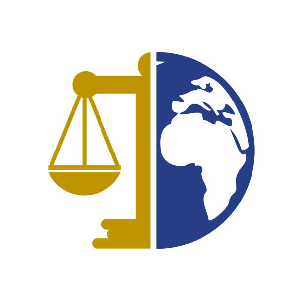 ilustraciones, imágenes clip art, dibujos animados e iconos de stock de concepto de logotipo del tribunal internacional y de la corte suprema. escalas en el diseño de iconos de globo. - supreme court