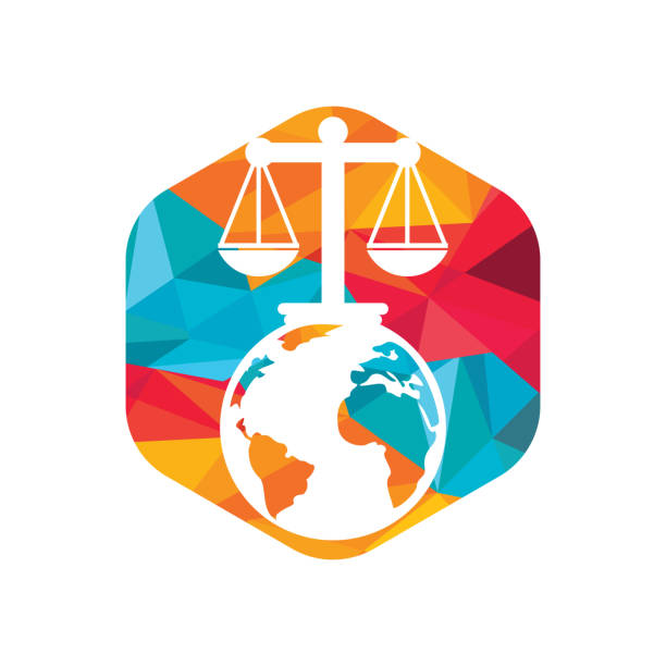 international tribunal and supreme court logo concept. scales on globe icon design. - supreme court 幅插畫檔、美工圖案、卡通及圖標