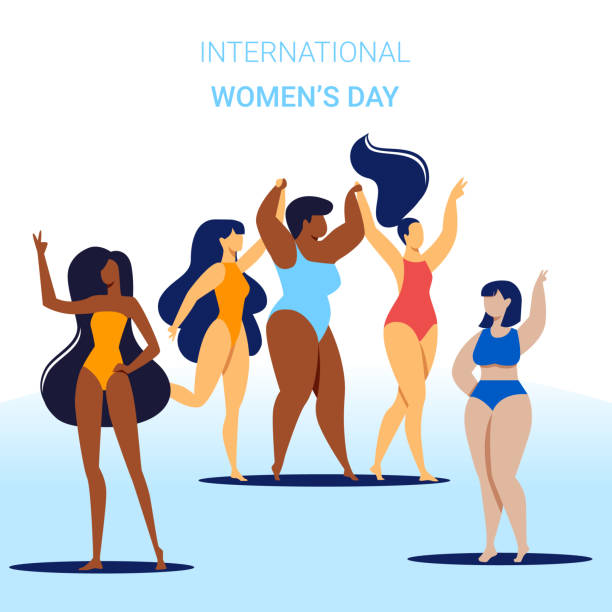 International Women Day Banner, Body Positive International Women Day Square Banner, Company of Happy Multiracial and Multicultural Girls Different Age and Ethnicity Stand in Swim Suits, Body Positive People. Cartoon Flat Vector Illustration cartoon of fat lady in swimsuit stock illustrations