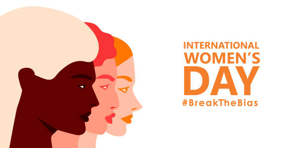 stockillustraties, clipart, cartoons en iconen met international womens day. 8th march. horizontal poster with three female faces. break the bias campaign. vector illustration in flat style for greeting card, postcard, web, banner. eps 10 - womens day poster