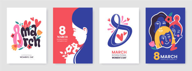 International Women's Day greeting card collection in different styles. 8 March posters design with lettering, womens, flowers and decorative elements. Ideal for print, postcard, social media, promo. vector art illustration