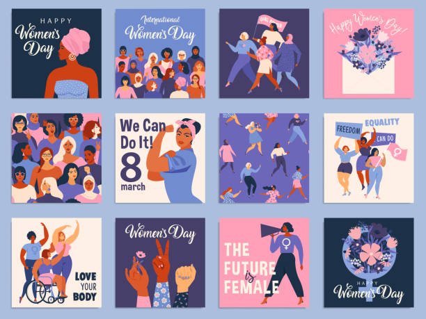 uluslararası kadın günü seti. kart, poster, flyer ve diğer kullanıcılar için vektör şablonları. - gündüz stock illustrations