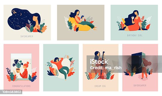 istock International Women's Day. Vector cards with women, leaves, flowers 1084583802