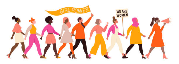International Women's Day. Vector illustration with women different nationalities and cultures. Struggle for freedom, independence, equality. International Women's Day. Vector illustration with women different nationalities and cultures. Struggle for freedom, independence, equality. walking illustrations stock illustrations