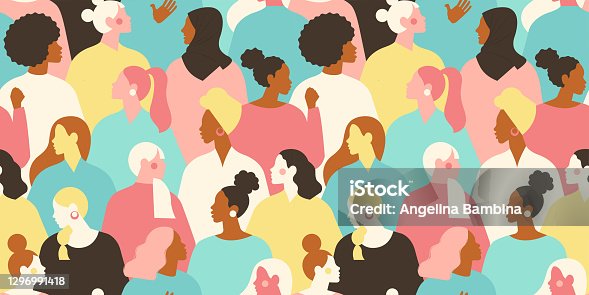 istock International Womens Day. Vector seamless pattern with with groupe of women different nationalities and cultures. Struggle for freedom, independence, equality. 1296991418