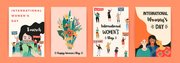 stockillustraties, clipart, cartoons en iconen met internationale dag van de womens. vector sjablonen met vrouwen van verschillende nationaliteiten en culturen - womens day poster