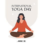 istock International Yoga Day square poster. Contemporary trendy banner with tranquil women with closed eyes and crossed legs meditating in yoga lotus posture. Vector card for wellness center or yoga studio. 1395694885