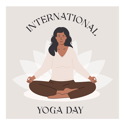 International Yoga Day square poster. Trendy banner for yoga day. Women meditating in yoga lotus posture. Mental health card for wellness center or yoga studio. Vector illustration in flat style.