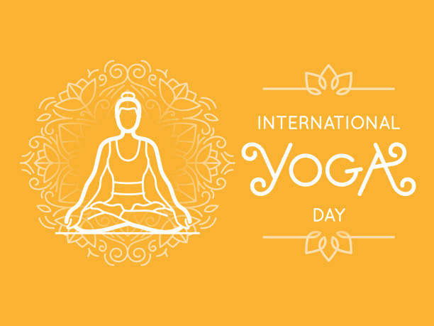 International yoga day Vector  illustration in trendy flat style - international yoga day banner or poster with hand-lettering and woman in lotus pose yoga designs stock illustrations