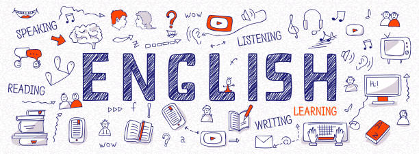 Internet banner about learning English language: blue outline icons, symbols, signs on white background. Line art illustration: learners, book, dictionary, speaking, reading, writing, listening skills Internet banner about learning English language: blue outline icons, symbols, signs on white background. Line art illustration: learners, book, dictionary, speaking, reading, writing, listening skills english culture stock illustrations