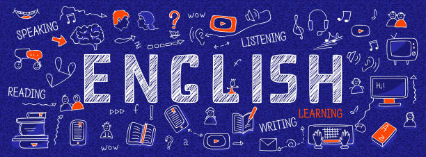 Internet banner about learning English language: white outline icons, symbols, signs on blue background. Line art illustration: learners, book, dictionary, speaking, reading, writing, listening skills Internet banner about learning English language: white outline icons, symbols, signs on blue background. Line art illustration: learners, book, dictionary, speaking, reading, writing, listening skills english language stock illustrations