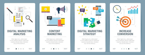 인터넷 배너 마케팅 디지털, 분석 및 전략 아이콘으로 설정 합니다. - 디지털 마케팅 stock illustrations