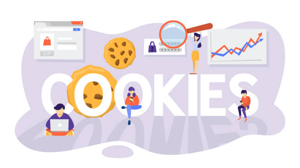 Internet cookies technology concept. Internet cookies technology concept. Tracking website surfing. Cookies on background as metaphor. Flat vector illustration cookie stock illustrations