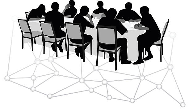 Internet Executive Discusion A vector silhouette illustration of a board meeting over lunch with several business men and woman gathered around a large table brainstorming and enjoying drinks.  Below them is a design of dots connected by lines. board of directors stock illustrations