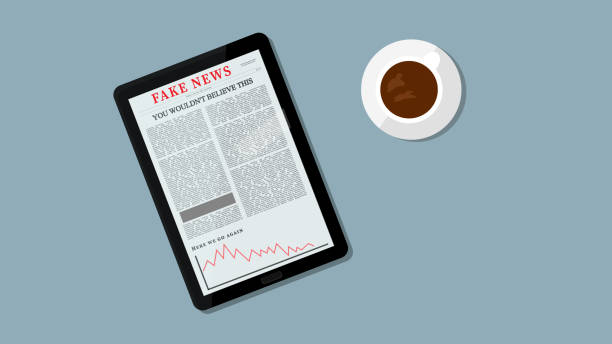 Internet Fake News Illustration. Fake Headline on Tablet. People Reading Fake News Concept. Coffee and Table in the Background. vector art illustration