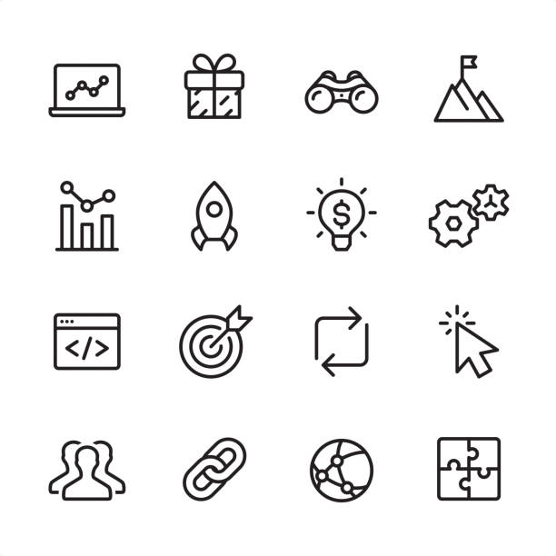 16 line black on white icons / Set #70
Pixel Perfect Principle - all the icons are designed in 48x48pх square, outline stroke 2px.

First row of outline icons contains: 
Laptop, Gift, Binoculars, To the Top;

Second row contains: 
Analyzing, Start Up, Solution, Gears;

Third row contains: 
Web Page, Target, Update, Cursor; 

Fourth row contains: 
Group of People, Link, Computer Network, Puzzle.

Complete Inlinico collection - https://www.istockphoto.com/collaboration/boards/2MS6Qck-_UuiVTh288h3fQ