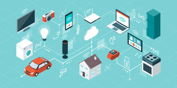 Internet of things and smart home Internet of things, domotics and smart home innovations, isometric network of connected devices and appliances home automation stock illustrations