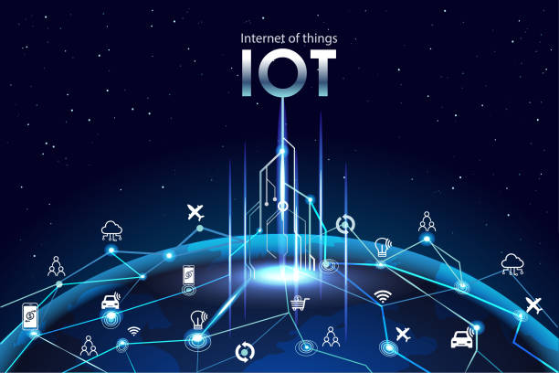 (iot)、デバイスとネットワーク上の接続の概念のインターネット クラウド センターで。地球上のデジタル回路基板です。 - iot点のイラスト素材／クリップアート素材／マンガ素材／アイコン素材