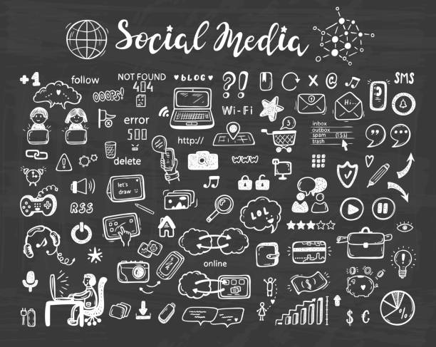 Internet of Things. Hand drawn Doodle Cloud Computing Technology and Social Media Icons Vector Set Internet of Things. Hand drawn Doodle Cloud Computing Technology and Social Media Icons Vector Set chalk art equipment stock illustrations