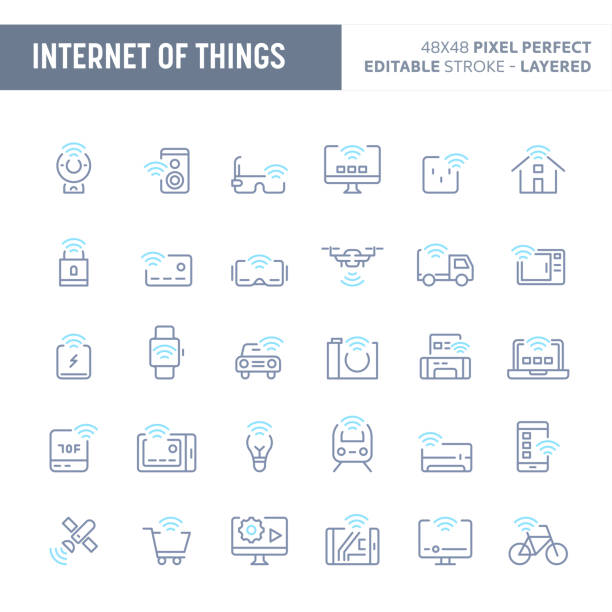 Internet of Things Minimal Vector Icon Set (EPS 10) Internet of things (IoT)  - simple outline icon set. Editable strokes and Layered (each icon is on its own layer with proper name) to enhance your design workflow. drone symbols stock illustrations