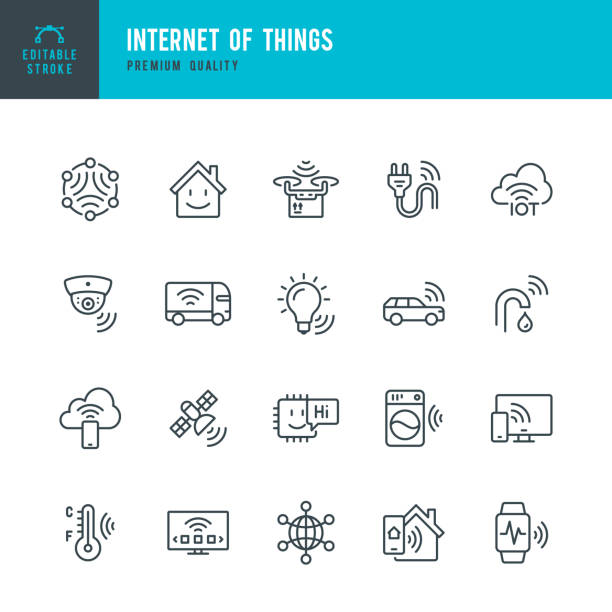 Internet of Things - vector line icon set. Artificial Intelligence, Machine Learning, Computer Chip, Surveillance, Internet of Things, Smart Home. Outline editable stroke. Set of 20 Internet of Things & Artificial Intelligence line vector icons. Autonomous Technology, Artificial Intelligence, Machine Learning, Computer Chip, Surveillance, Internet of Things, Smart Home, Smart Watch, Driverless Car and so on. drone icons stock illustrations